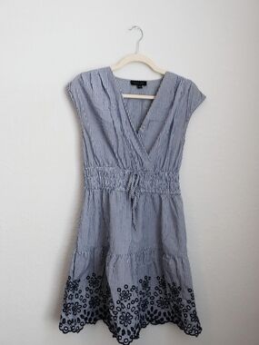 Striped Blue & White Embroidered Waist-Tie Dress